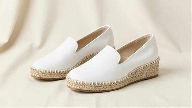 A pair of white espadrille wedge shoes with a natural woven jute sole and neutral canvas upper, resting on draped fabric.