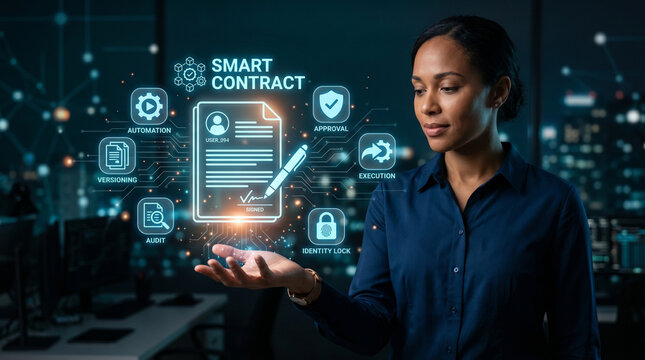 Smart Contract and Businesswoman: A focused businesswoman interacts with a futuristic smart contract interface, symbolizing the future of secure transactions and digital agreements.
