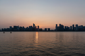 Obraz premium Sunset skyline of Qianjiang New Town, Hangzhou, China