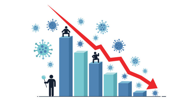 Economic decline illustration showing falling business bar chart with people and red arrow during a global pandemic crisis.