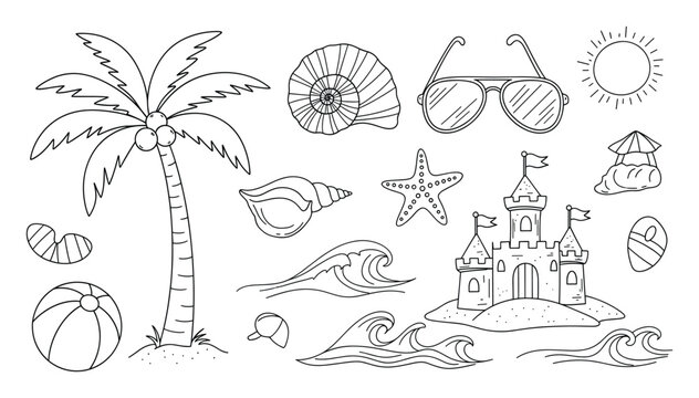 Summer beach vacation outline drawings set for childrens coloring pages and holiday activity books