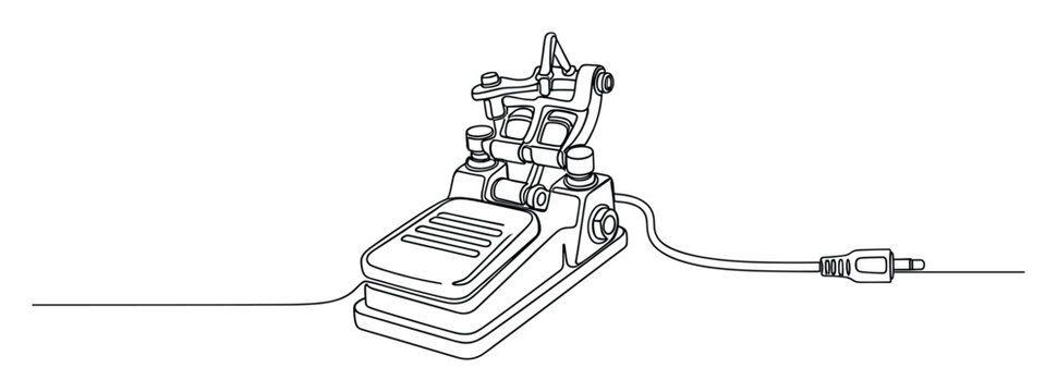 Continuous one line drawing of a foot pedal with cable and jack plug for creative design and industrial equipment graphics