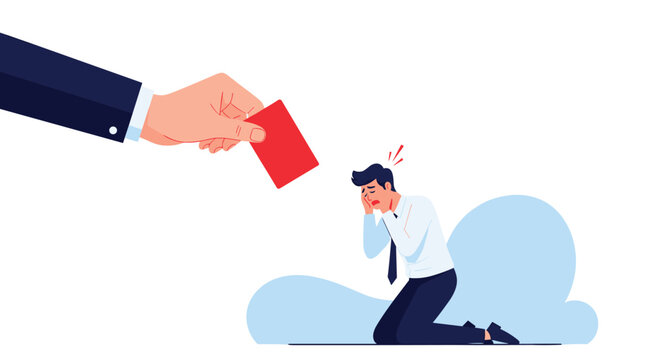 Giant hand showing a red card to a businessman kneeling in despair representing job loss or disciplinary action at work.