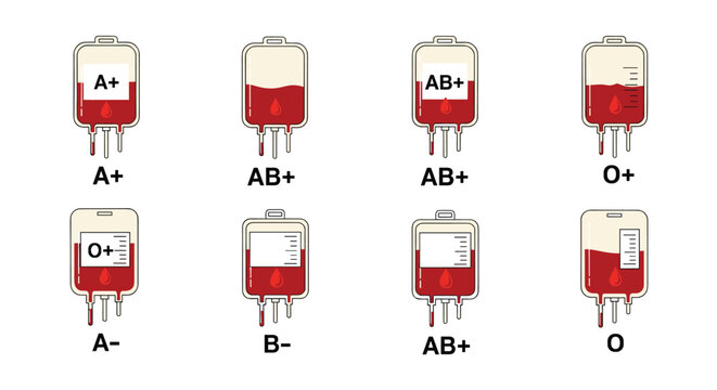 Collection of various blood donor bags labeled with different types for medical transfusion and healthcare service needs.