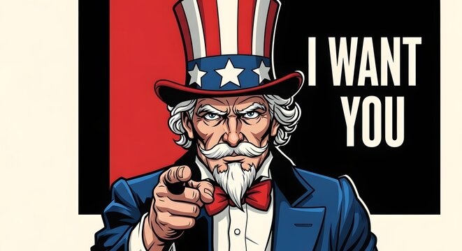 Uncle sam pointing finger with i want you text, american patriotic illustration