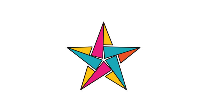 Stylized five pointed star logo made of overlapping colorful triangles in pink yellow blue and orange on a white background.