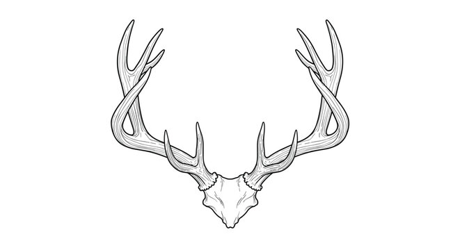 Detailed black and white ink sketch of a deer skull with large branching antlers showing intricate bone textures and shadows.