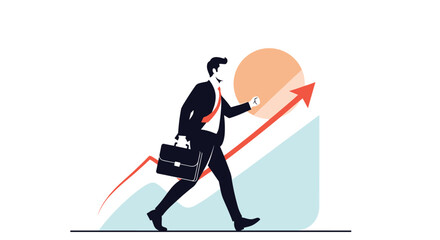 Obraz premium Confident businessman walking with a briefcase along a rising red arrow graph towards success and professional development.
