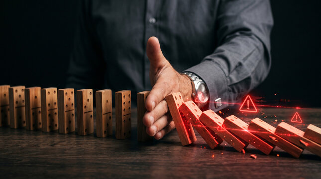 Chain Reaction Control: A focused individual attempts to prevent a domino effect. Emphasizing the significance of risk management and proactive control.