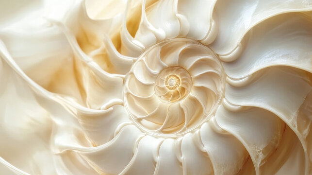 Macro photography of an abstract pearlescent nautilus shell spiral texture with golden ratio pattern