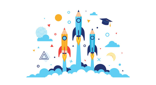 Creative pencils designed as rockets launching into the sky to represent the power of education and the takeoff of new ideas.