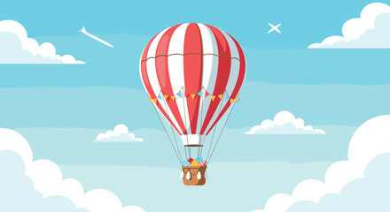 Fototapeta premium Colorful striped hot air balloon carries a basket filled with decorated Easter eggs through a clear blue sky with white clouds.