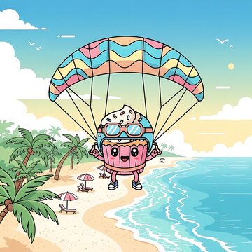 Cartoon cupcake with a parachute flying over a sandy beach with palm trees and an ocean