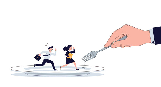 Small business professionals run for their lives across a plate to escape a giant hand holding a silver fork from above.