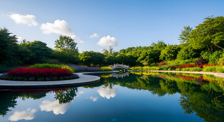 Obraz premium Serene lake surrounded by lush greenery.