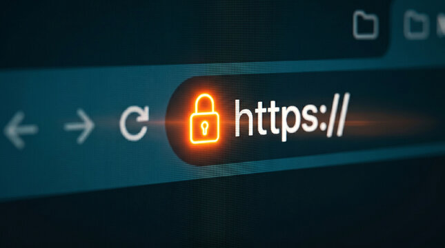 Secure Digital Realm: Close-up shot showcases a browser's address bar displaying https:// with a secure padlock icon, symbolizing online protection and data encryption.