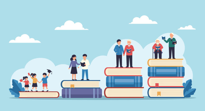 Illustration showing people at different life stages from childhood to old age standing and reading on stacks of books.