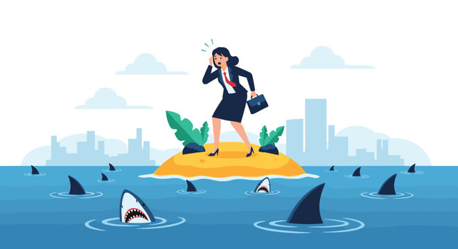 Worried businesswoman stranded on a tiny desert island in ocean surrounded by many circling sharks in blue water.