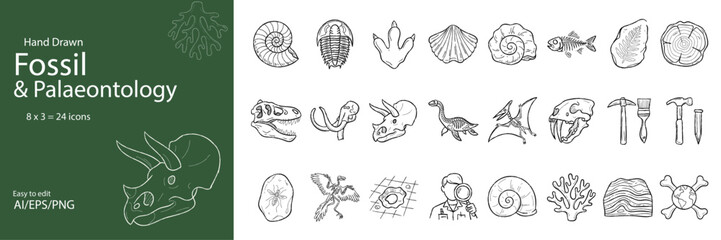 Hand Drawn Fossil and Palaeontology Icon Set – Sketch Style Dinosaur, Ammonite, Trilobite, Excavation Tools and Prehistoric Creature Collection © Chernobyl 