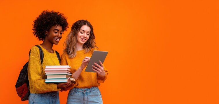 The students studying together with a tablet and stack of books on orange background