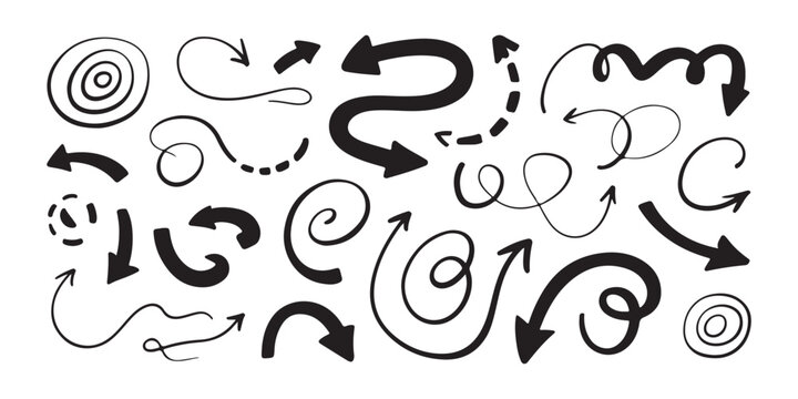 Whimsical hand drawn arrow collection with swirling doodles and dashed lines showing varied direction and ideas.