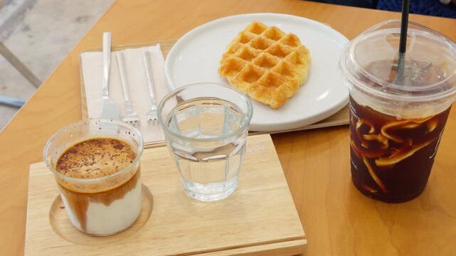 Thai Caf&eacute; Table with Croffle, Dirty Coffee and Coconut Black Coffee, Flat Lay