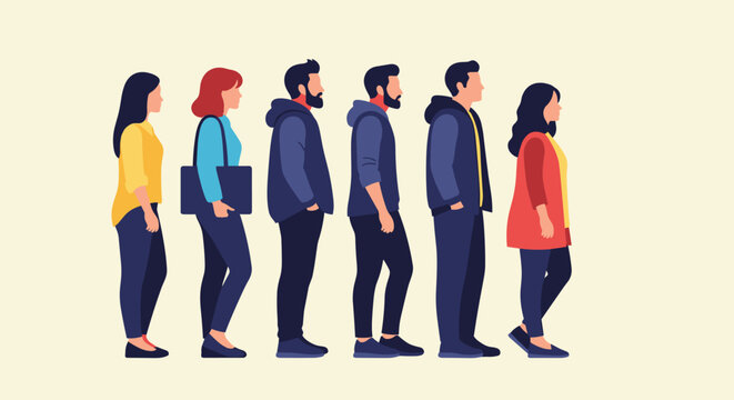Diverse group of people standing in a long queue line representing waiting for customer service, ticket entry, or a public event.