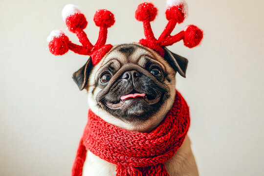 Dog Dressed in Red Scarf and Reindeer Antlers Poses for a Fun Holiday Picture in a Cozy Indoor Setting