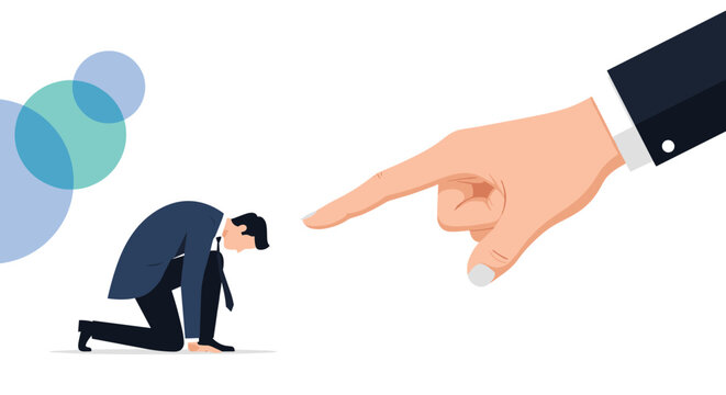 Giant hand pointing its finger at a man kneeling in shame or defeat illustrating power imbalance, blame, or accusation.