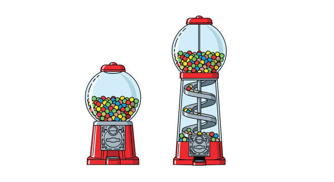 Comparison of two classic red gumball machines filled with colorful candies including a standard and a tall spiral model.