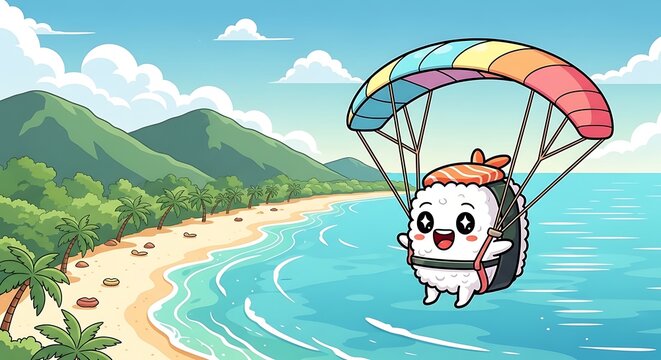 Cartoon sushi character joyfully paragliding over a tropical beach, with ocean, mountains, and fluffy clouds