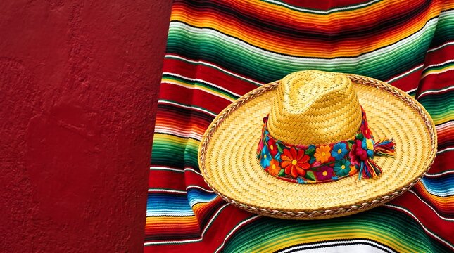 Traditional Mexican Straw Sombrero with Floral Embroidery on Colorful Serape Blanket Against Textured Red Wall Background