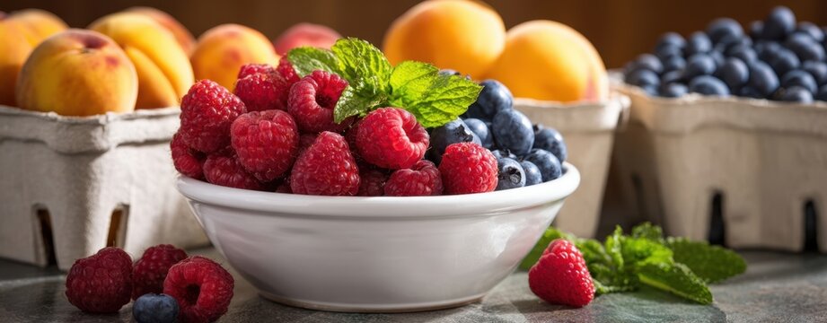 The bowl of raspberries and blueberries with fresh peaches arranged on rustic countertop