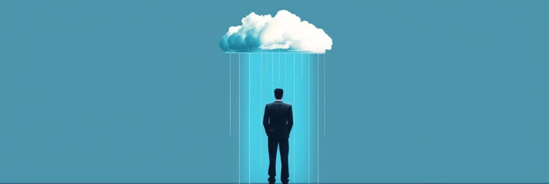 Businessman, standing under rain, pessimistic man under cloud, sad business man, unlucky, misfortune
