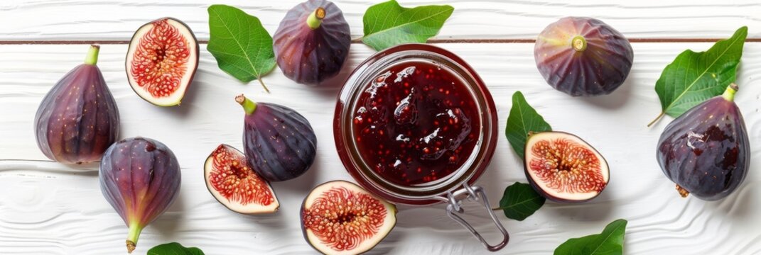 Fig jam jar, sweet ficus carica confiture, canned fig marmalade, figa jelly in glass jar, fruit spread closeup