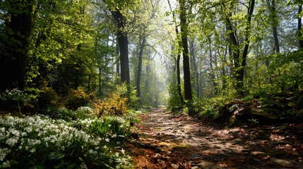 Obraz premium Woodland path surrounded by lush greenery and small white wildflowers, illuminated by soft sunlight filtering through the canopy