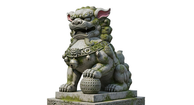 Stone Foo Dog Statue with Moss and Bells