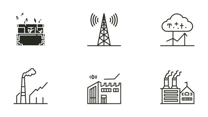 Obraz premium Modern Technology Icons: A collection of simple, yet impactful icons representing modern technology, including data centers, communication towers, cloud computing, and industrial facilities.