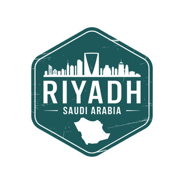 Vintage style travel stamp featuring the riyadh skyline and saudi arabia map