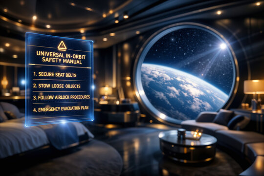 Universal In-Orbit Safety Manual hologram floating in luxury space hotel suite with Earth view orbital hospitality safety protocols holographic display