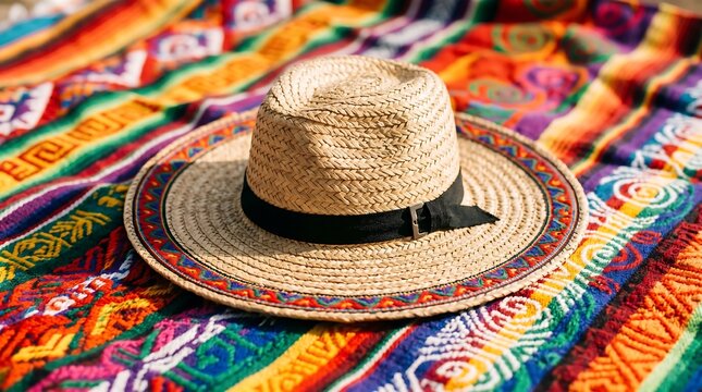 Straw Fedora Hat with Colorful Trim Resting on a Vibrant Mexican Serape Blanket in Bright Sunlight