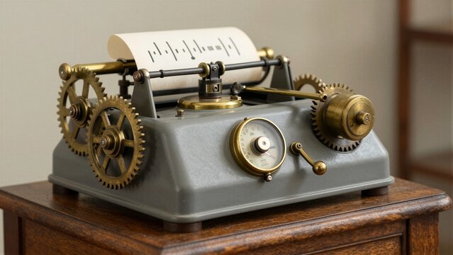 Vintage telegraph machine with brass gears and Morse code paper roll on wooden surface.