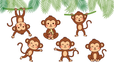 Fototapeta premium Set of cute cartoon monkeys playing in tropical jungle, funny baby primates swinging, smiling characters vector illustration for kids design