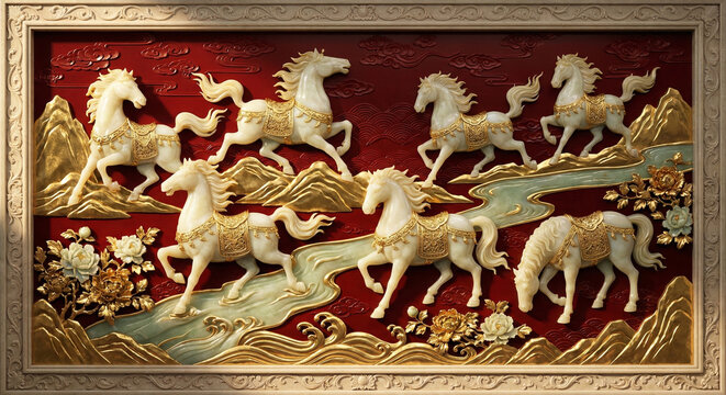 Luxury White Jade Horse and Foal Relief with Golden Peonies