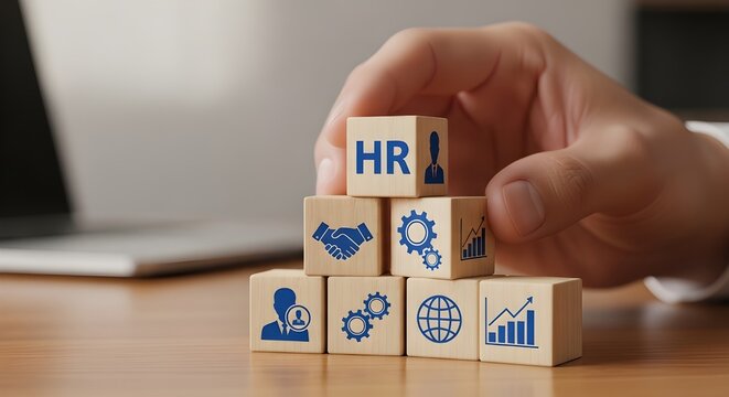 Human Resources HR management concept, businessman hand building wooden blocks with business icons, recruitment and corporate team strategy