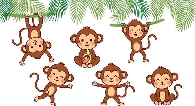 Set of cute cartoon monkeys playing in tropical jungle, funny baby primates swinging, smiling characters vector illustration for kids design