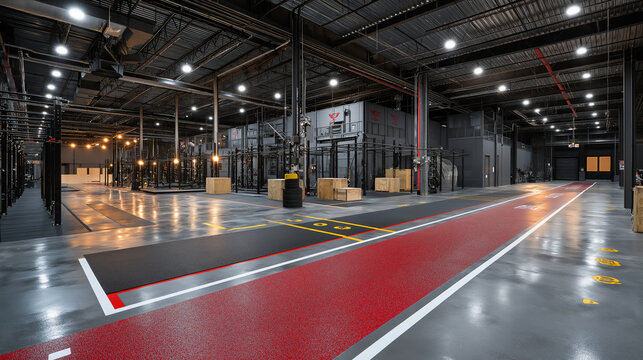 Hyrox sports arge indoor functional fitness race arena with running track loop and workout stations.