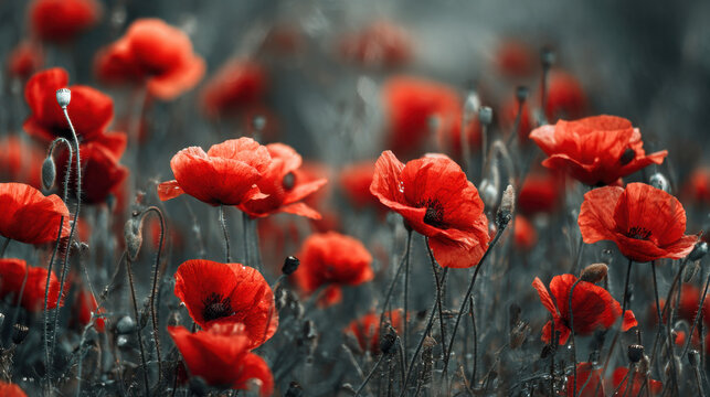 Red poppies in soft moody field with shallow depth of field