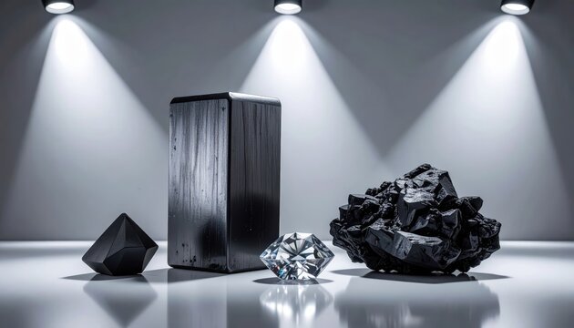 A striking collection of various carbon allotropes, including a shiny graphite block, a brilliant diamond, and a rough chunk of coal, illuminated under studio lighting.