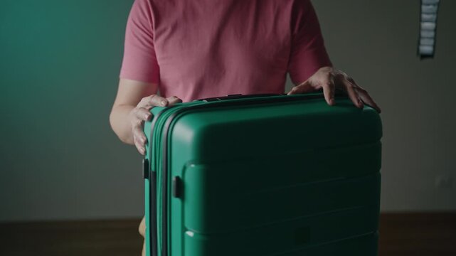 Cropped shot of traveler having difficulty closing overfilled suitcase, pushing down hard on lid. Tourist preparing for vacation, struggling with excess baggage before heading to airport, close-up.